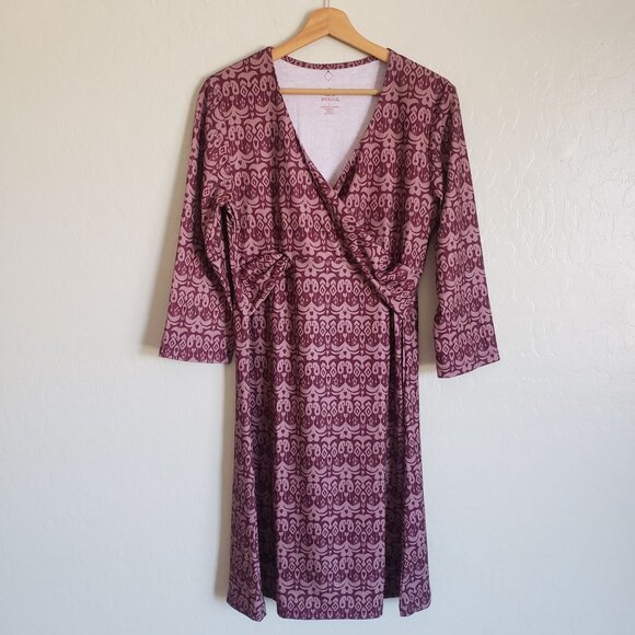 PrAna Twist Faux Wrap Printed V-Neck Dress 3/4 Sleeves Burgundy Sz Large Stretch - Picture 1 of 9
